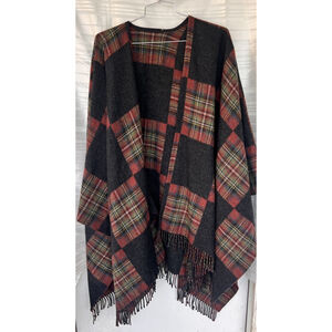 House of Ireland 100% Lambswool Plaid Tartan Red Black Shawl Cape Poncho M